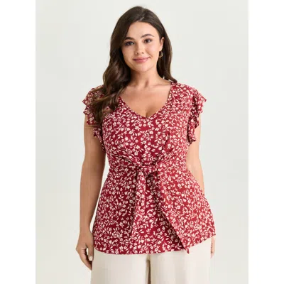 Bloomchic Women's Plus Size Floral Print Knotted Front Blouse Scarlet Ditsy Floral Elegant Cap Sleeve V-neck 3 In Red