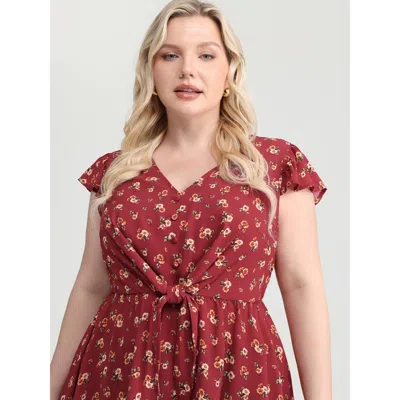 Bloomchic Women's Plus Size Floral Print Knotted Front-tie Blouse Maroon Ditsy Floral Elegant Cap Sleeve 10/m In Burgundy