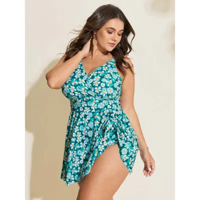 Bloomchic Women's Plus Size Floral Print Knotted Tie Hem Swim Dress Teal Floral Lace-up Anti-float Tie 10/m In Blue