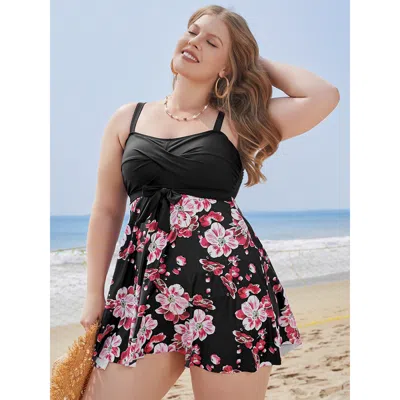 Bloomchic Floral Print Knotted Twist Front A Line Swim Dress In Black