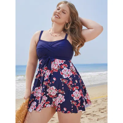 Bloomchic Floral Print Knotted Twist Front A Line Swim Dress In Purple