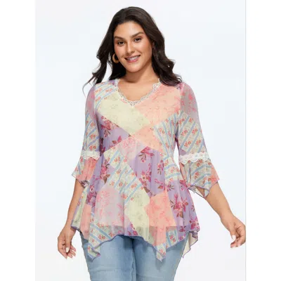 Bloomchic Women's Plus Size Floral Print Lace Asymmetrical Hem Blouse Lilac Color Block Vacation 3/4 Sleeve V- In Purple