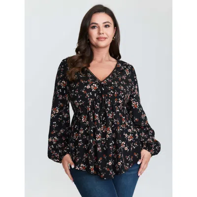 Bloomchic Women's Plus Size Floral Print Lace Cinched-flared Blouse Blackflower Ditsy Floral Elegant Long Slee