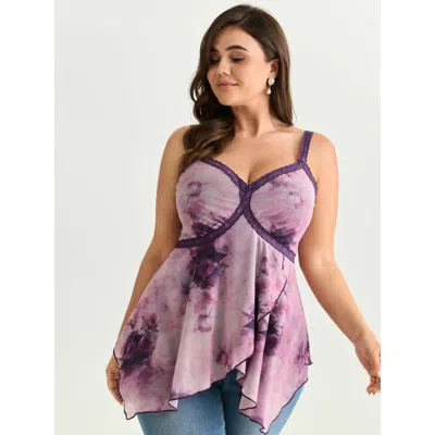 Bloomchic Women's Plus Size Floral Print Lace Detail Asymmetrical Tank Top Mauve Elegant Relaxed Fit Fit & Fla In Purple