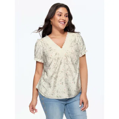 Bloomchic Women's Plus Size Floral Print Lace Neckline Blouse Ivory Floral Vacation Short Sleeve V-neck 12/l In White