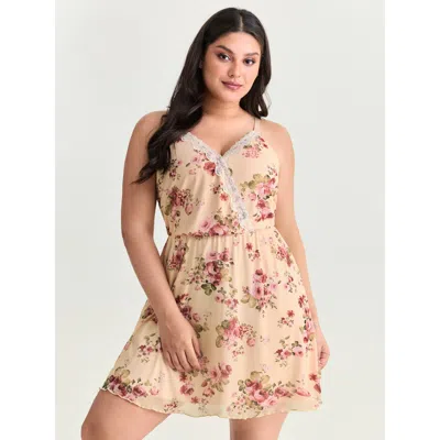 Bloomchic Women's Plus Size Floral Print Lace Neckline Nightgown Mistyrose Sleeveless Tunic 12/l