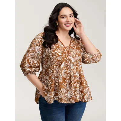Bloomchic Women's Plus Size Floral Print Lace Neckline Pleated Blouse Browncoffeecolor Floral Vacation Half Sl