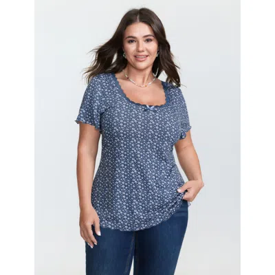 Bloomchic Women's Plus Size Floral Print Lace Neckline T-shirt Cerulean Ditsy Floral Casual Short Sleeve 10/m In Blue