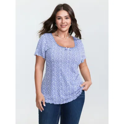 Bloomchic Women's Plus Size Floral Print Lace Neckline T-shirt Lightblue Ditsy Floral Casual Short Sleeve 10/m In Blue
