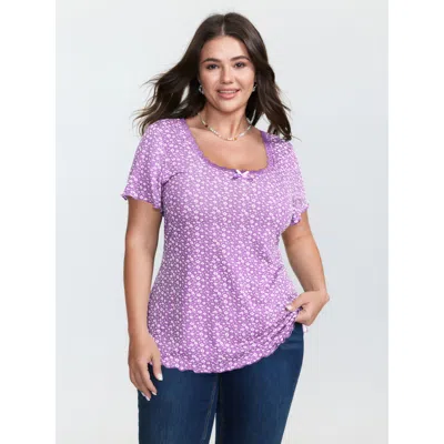 Bloomchic Women's Plus Size Floral Print Lace Neckline T-shirt Lilac Ditsy Floral Casual Short Sleeve 10/m In Purple
