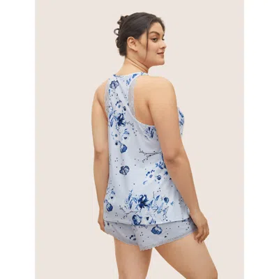 Bloomchic Women's Plus Size Floral Print Lace Patchwork Pajama Sets Stone Floral Sleeveless Non 10/m In Gray