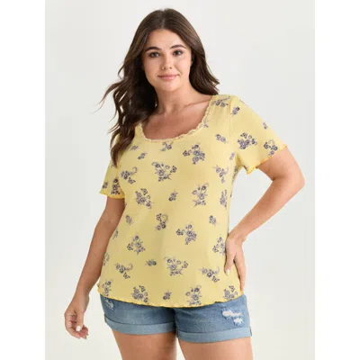 Bloomchic Women's Plus Size Floral Print Lace Round Neck T-shirt Lightyellow Ditsy Floral Casual Short Sleeve 