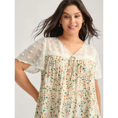 Bloomchic Women's Plus Size Floral Print Lace Sheer Sleeve Blouse Beige Ditsy Floral Elegant Short Sleeve V-ne In Sand