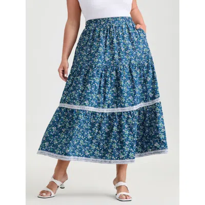 Bloomchic Women's Plus Size Floral Print Lace Trim Flowy Maxi Skirt Darkblue Texture Flared Elegant 12/l In Blue