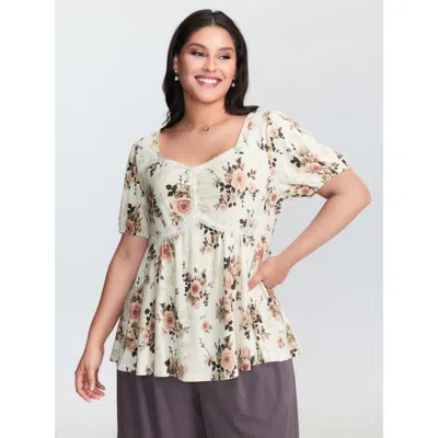 Bloomchic Women's Plus Size Floral Print Lace Trim Knit Top Ivory Short Sleeve Elegant 26/4x In White