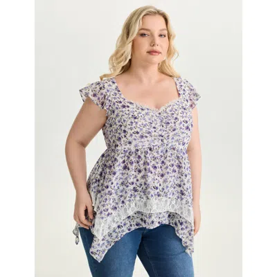 Bloomchic Women's Plus Size Floral Print Lace Trim Layered Blouse Lavender Floral Elegant Short Sleeve 10/m In Purple