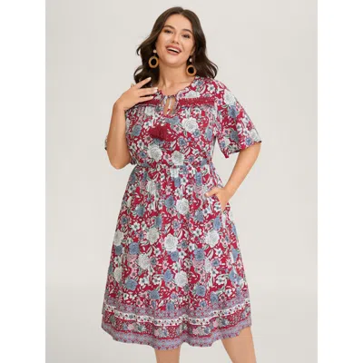 Bloomchic Women's Plus Size Floral Print Lace Trim Neck Tie Midi Dress Scarlet Floral Midi Vacation Woven Ribb In Red