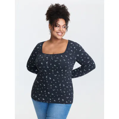 Bloomchic Women's Plus Size Floral Print Lace Trim Neckline T-shirt Darkblue Ditsy Floral Elegant Extra Long S In Blue