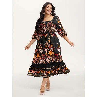 Bloomchic Women's Plus Size Floral Print Lace Trim Shirred Maxi Dress Blackflower Floral Midi Vacation Woven R