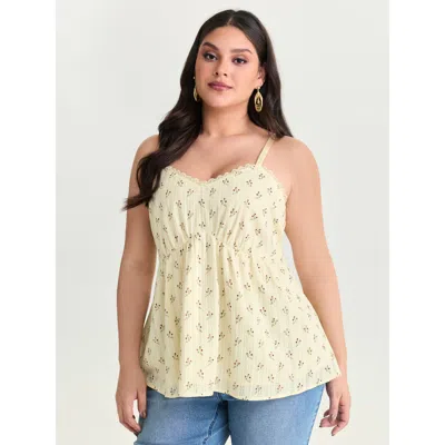 Bloomchic Women's Plus Size Floral Print Lace Trim Tank Top Apricot Elegant Fitted Fit & Flare Sweetheart Neck In Orange
