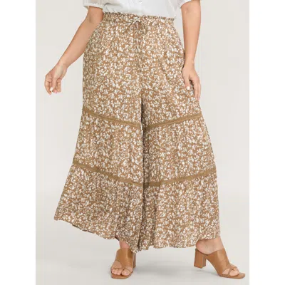 Bloomchic Women's Plus Size Floral Print Lace Trim Wide-leg Pants Lightbrown Ditsy Floral Wide Leg Mid Rise Ca In Brown