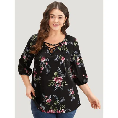 Bloomchic Women's Plus Size Floral Print Lace Up Lantern Sleeve Blouse Black Dailywear Half Sleeve 10/m