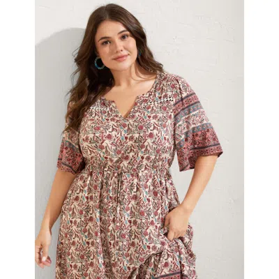 Bloomchic Women's Plus Size Floral Print Lace Waist Drawstring Maxi Dress Salmon Floral Midi Vacation Non 10/m In Pink