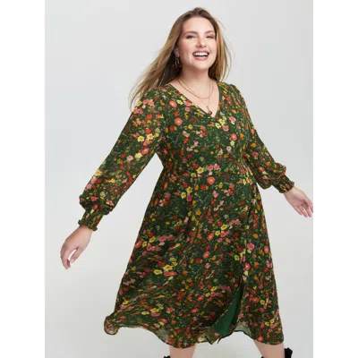 Bloomchic Women's Plus Size Floral Print Lantern Sleeve Slit Midi Dress Armygreen Floral Midi Elegant Slit 18-