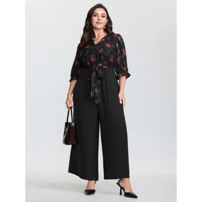 Bloomchic Women's Plus Size Floral Print Laser Cut Waist Tie Jumpsuit Blackflower Elegant 30/6x