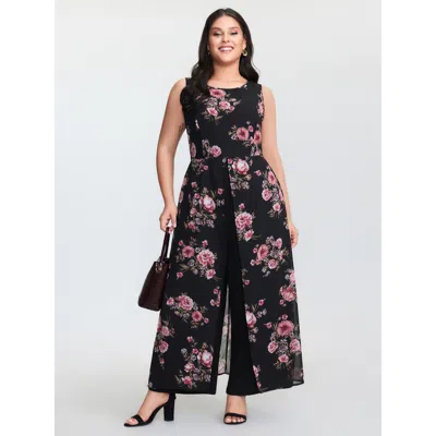 Bloomchic Women's Plus Size Floral Print Layered Contrast Jumpsuit Blackflower Elegant 14-16/1x