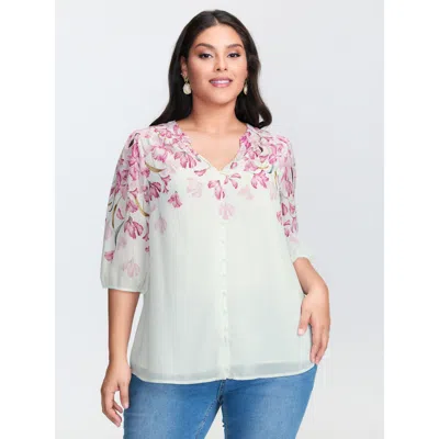 Bloomchic Women's Plus Size Floral Print Layered Notched Collar Blouse Ivory Ditsy Floral Elegant 3/4 Sleeve 3 In White