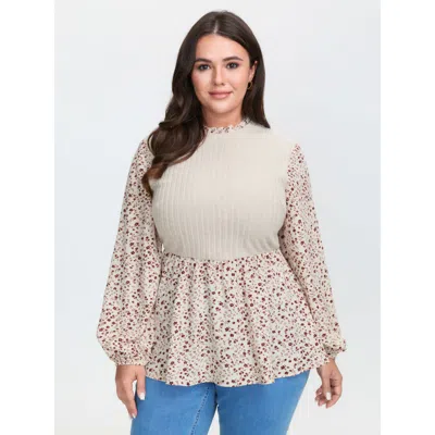Bloomchic Women's Plus Size Floral Print Layered Ribbed Knit Top Apricot Long Sleeve Elegant 14-16/1x In Orange