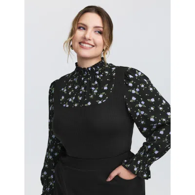 Bloomchic Women's Plus Size Floral Print Layered Ruffled Neckline Knit Top Black Extra Long Sleeve Elegant 10/