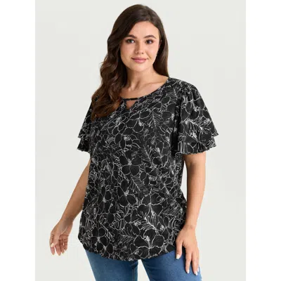 Bloomchic Women's Plus Size Floral Print Layered Ruffled Sleeve Blouse Black Floral Elegant Short Sleeve V-not