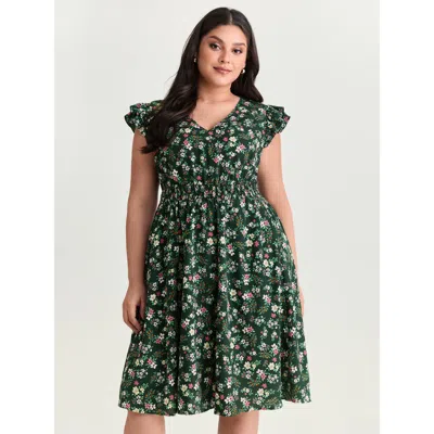 Bloomchic Women's Plus Size Floral Print Layered Ruffled Sleeve Mini Dress Emerald Ditsy Floral Midi Elegant S In Green