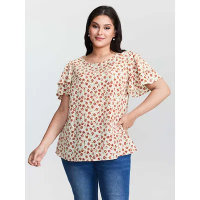 Bloomchic Women's Plus Size Floral Print Layered Sleeve Round Neck Blouse Russet Ditsy Floral Elegant Short Sl In Brown