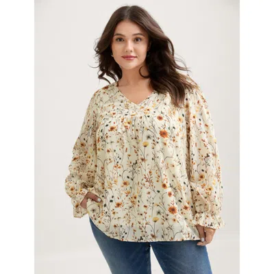 Bloomchic Women's Plus Size Floral Print Long Sleeve Blouse Amber Floral Elegant Long Sleeve V-neck 10/m In Orange
