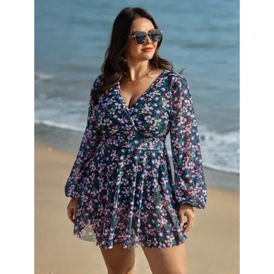 Bloomchic Women's Plus Size Floral Print Long Sleeve Layered Swim Dress Multicolor Floral Mesh Panel Adaptive-