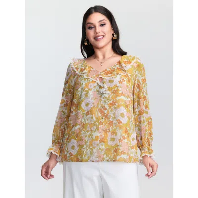 Bloomchic Women's Plus Size Floral Print Lotus Leaf Neckline Blouse Yellowgreen Floral Elegant Extra Long Slee In Green