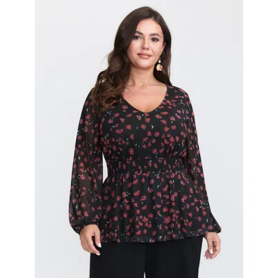 Bloomchic Women's Plus Size Floral Print Mesh Cinched-waist Blouse Black Floral Elegant Long Sleeve 30/6x