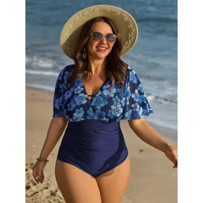 Bloomchic Women's Plus Size Floral Print Mesh One-piece Swimsuit Indigo Floral Colorblock Adaptive-fit 22-24/3 In Purple