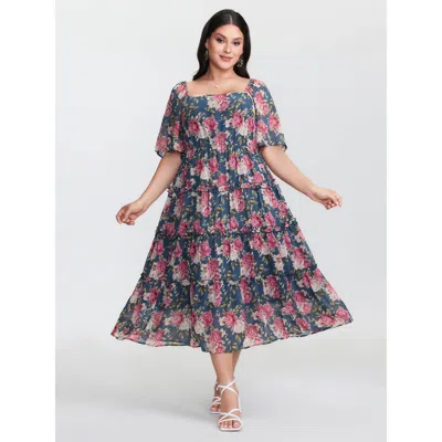 Bloomchic Women's Plus Size Floral Print Mesh Ruffled Maxi Dress Aegean Ditsy Floral Maxi Elegant Gathered 18- In Blue