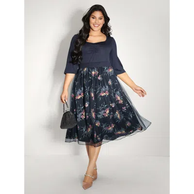 Bloomchic Women's Plus Size Floral Print Mesh Shirred Waist Midi Dress Indigo Floral Midi Party 30/6x In Purple