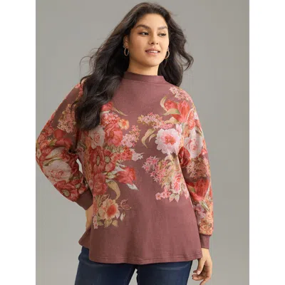 Bloomchic Women's Plus Size Floral Print Mock Neck Elastic Cuffs Sweatshirt Darkbrown Floral Dailywear 14-16/1 In Brown
