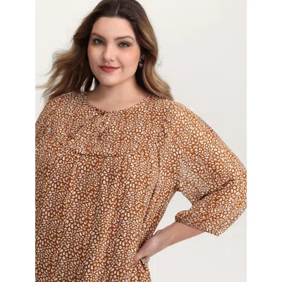 Bloomchic Women's Plus Size Floral Print Neck Cut-out Shirred Blouse Browncoffeecolor Ditsy Floral Elegant Thr