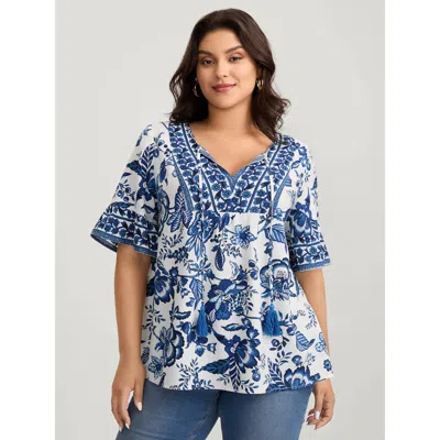 Bloomchic Women's Plus Size Floral Print Neck Tassels Blouse Mediumblue Ethnic Floral Vacation Short Sleeve Ti