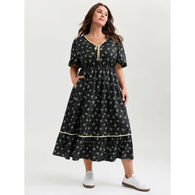 Bloomchic Women's Plus Size Floral Print Neck Tie Contrast Midi Dress Blackflower Ditsy Floral Midi Casual Tie