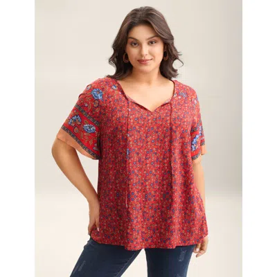 Bloomchic Women's Plus Size Floral Print Neck Tie Half Sleeve Blouse Raspberry Floral Vacation Short Sleeve 12 In Pink