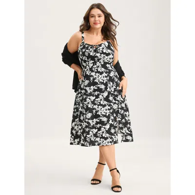 Bloomchic Women's Plus Size Floral Print Neck Tie Midi Dress Black Floral Midi Elegant 10/m