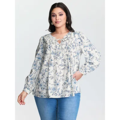 Bloomchic Women's Plus Size Floral Print Neckline Tie Blouse Lightblue Floral Elegant Long Sleeve Tie-neck 12/ In Blue